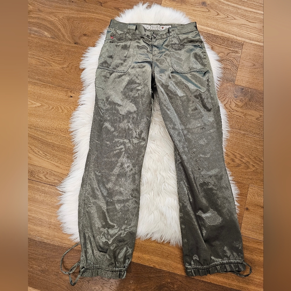 Vintage Satin Olive Drawstring Hem Pants